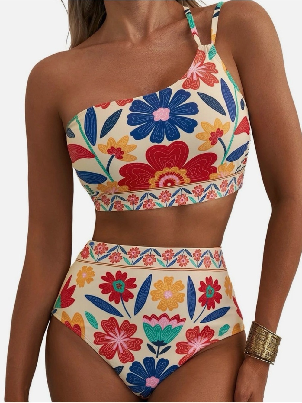One-Shoulder Floral High-Waist Bikini Set MultiColor